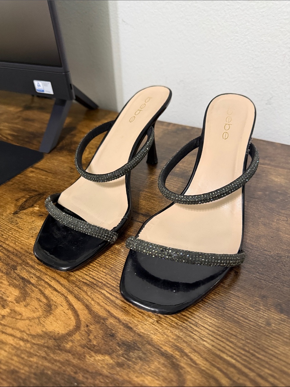 bebe Black Patent Heeled Sandals with Crystal Straps